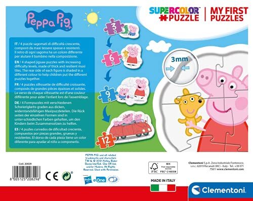 Clementoni Peppa Pig puzzel met 4 puzzels (3, 6, 9 en 12 stuks), gemaakt in Italië, 2 jaar en Plus, 20829, No Color