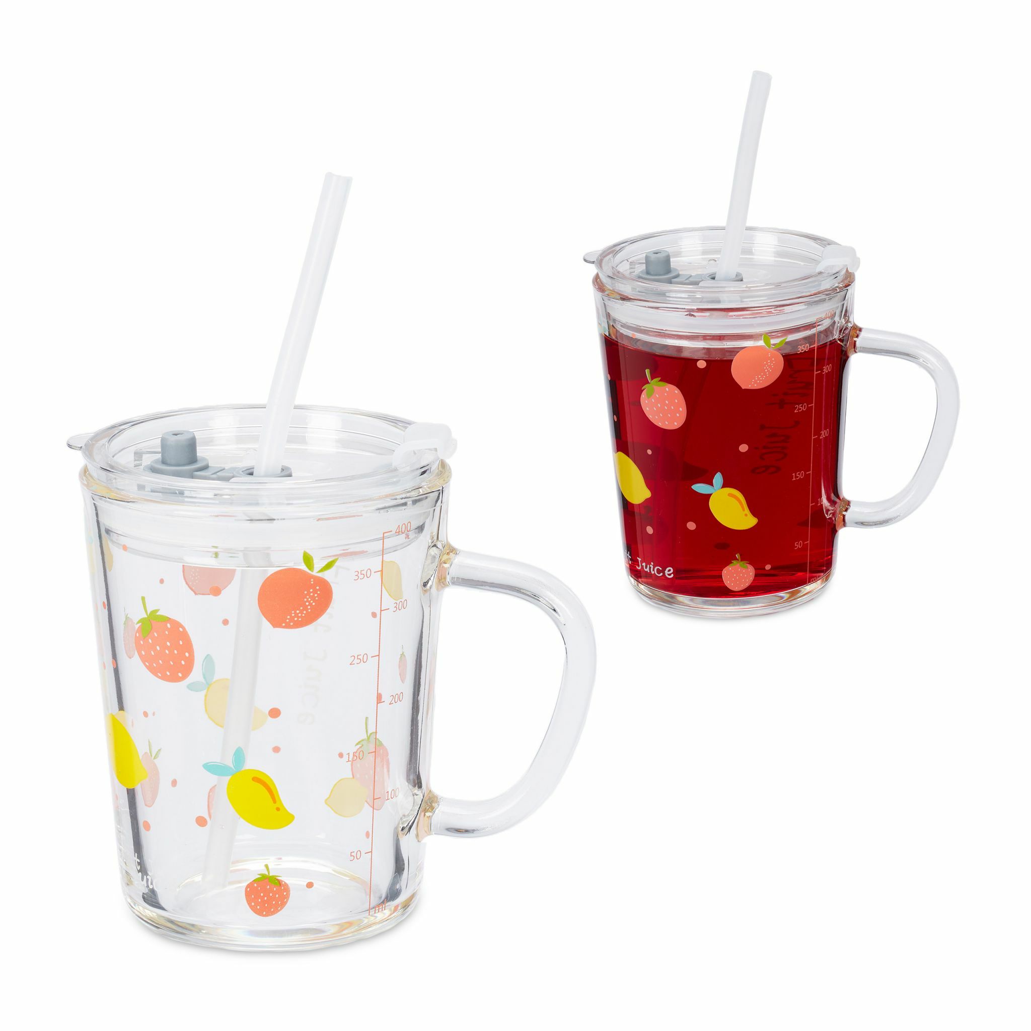 Relaxdays Drinkglazen - Set van 2 - Fruit - Limonadeglazen - Deksel - Rietje - Kinderen