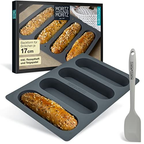 Moritz Hot Dog broodjes bakvorm siliconen 17 cm - mini baguette bakvorm siliconen voor hotdogs, mini cakes en grote mueslirepen incl. deegschraper en receptenboekje