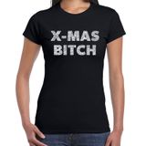 Bellatio Decorations Foute Kerst t-shirt - x-mas bitch - zilver / glitter - zwart - dames - kerstkleding / kerst outfit XXL