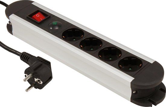 McPower Vrijstaande Stekkerdoos - 4 Stopcontacten - Aan/uit - Overspanningsbeveiliging - 1.4m Kabel - Aluminium