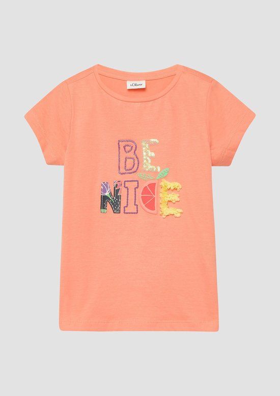 s.Oliver T-shirt met pailletten oranje Meisjes Katoen Ronde hals Tekst - maat 128/134
