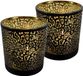Mars & More Theelichthouder - Set van 2x stuks - mat zwart - 18 cm - jaguar print - glas