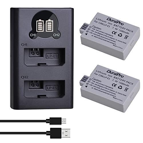 DuraPro 2Stk. LP-E5 LPE5 Akku + USB-Doppelladegerät für Canon LP-E5 und Canon EOS Rebel XS-, Rebel T1i-, Rebel XSi-, 1000D-, 500D-, 450D-, Kiss X3-, Kiss X2- und Kiss F-Kameras