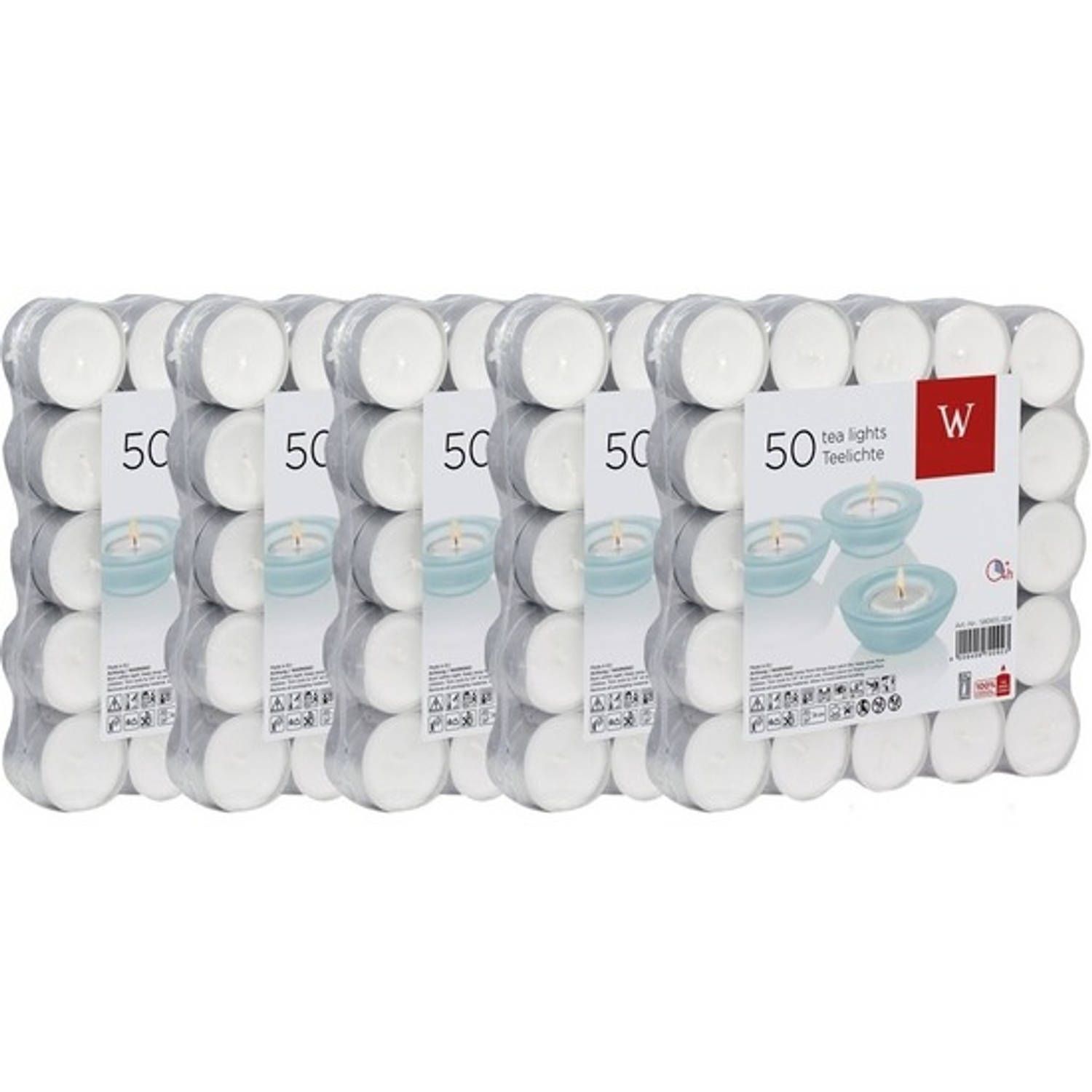 Trend Candles 250x Witte theelichtjes/waxinelichtjes 4 branduren - Geurloze kaarsen