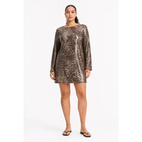 NOISY MAY Curve mini jurk met panterprint met pailletten beige