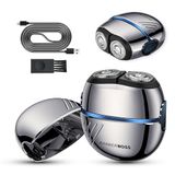 BarberBoss Roterend scheerapparaat voor heren, koolstofstalen messen, dubbele drijvende kop, reisslot, compact scheerapparaat voor baard en gezicht, elektrisch scheerapparaat voor heren, QR-2701