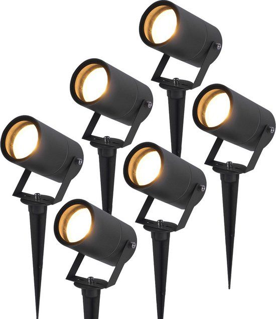 HOFTRONIC Set van 6 Spikey LED Tuinspots - GU10 - IP65 - Zwart