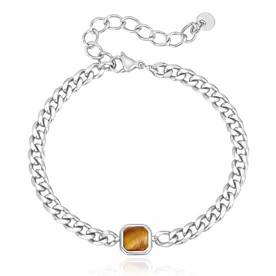 Mendes Stalen Schakelarmband Zilverkleurig Tijgeroog