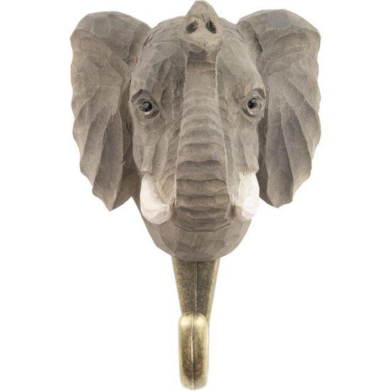 Wildlife Garden Olifant Kapstokhaak - Grijs/Wit - Hout/Metaal - 74x72x106 mm