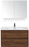 BES LED Porto Badmeubelset 90 cm - Walnoot - Keramische Wastafel Wit Slim met Spiegelkast
