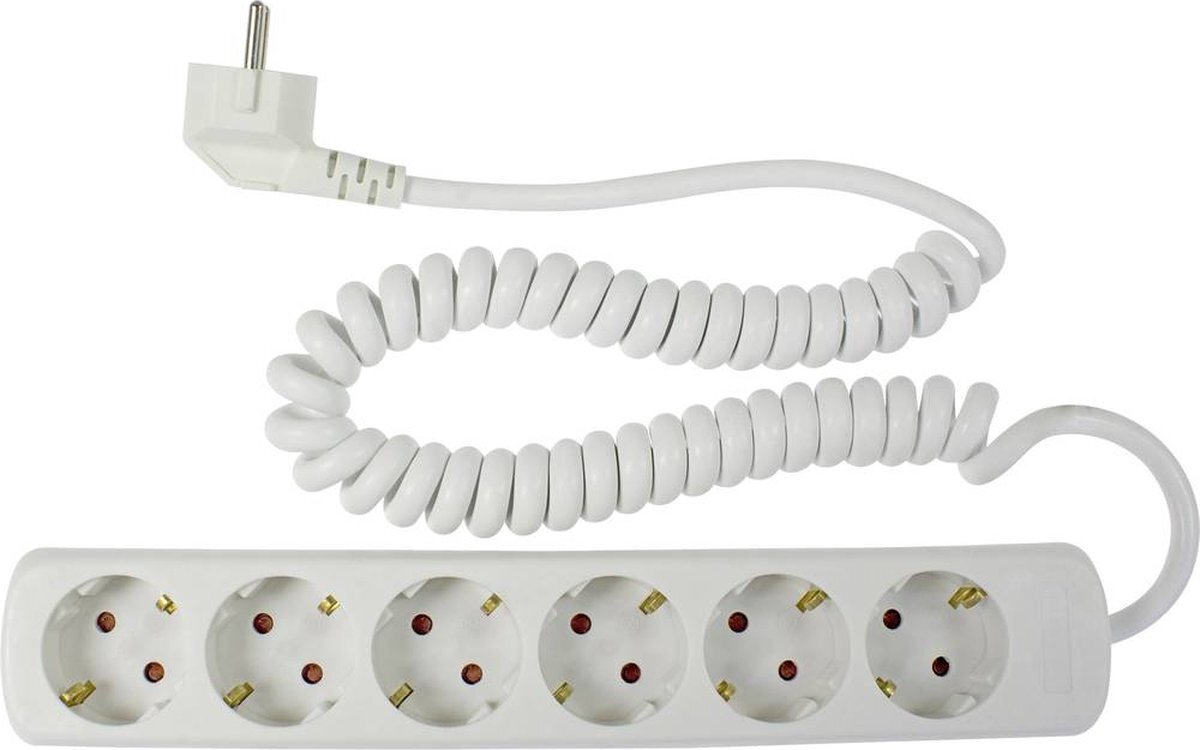 AS-Schwabe 11461 6-Weg Stopcontactstrips met Spiraalkabel, IP20, 230 V, 2,5 meter Kabellengte, Wit