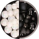Decoris Kaemingk B.V. Kerstversiering kunststof kerstballen kleuren mix zwart/parelmoer wit 4-6-8 cm pakket van 68x stuks