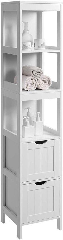Acaza Hoge Badkamer Kast met 2 Laden en 3 Open Vakken - 30 x 30 x 143,5 cm - Wit