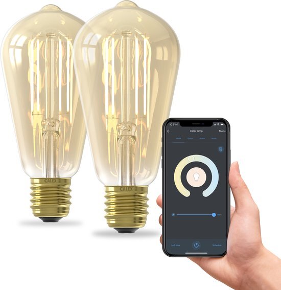 Calex Slimme Lamp - Set van 2 stuks - Wifi LED Filament Verlichting - E27 - Rustiek Smart Lichtbron Goud - Dimbaar - Warm Wit licht - 7W