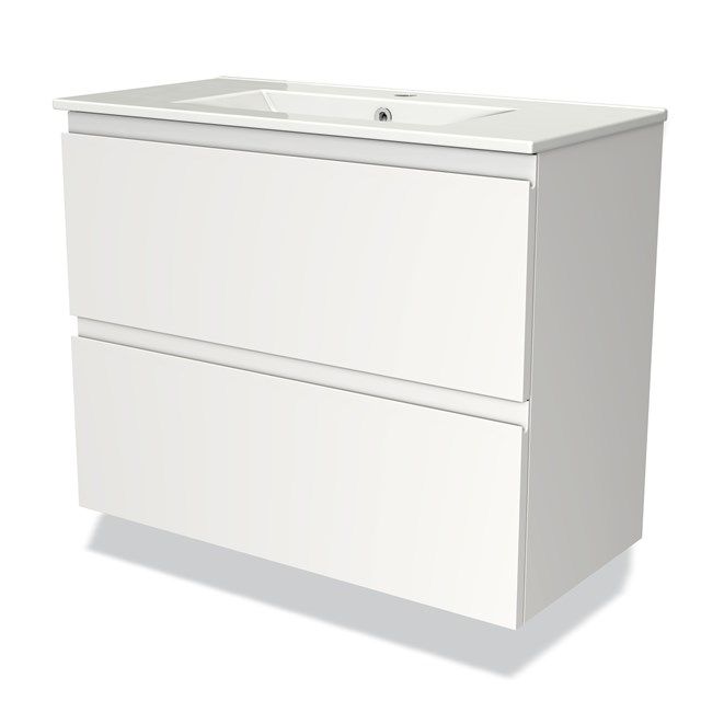 Maxaro Badkamermeubel 80cm Modulo Slim Mat Wit 2 Lades Greeploos Wastafel Keramiek