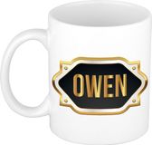 Bellatio Decorations Naam cadeau mok - heren - Owen - gouden embleem - 300 ml - meester - bedankje - afscheid