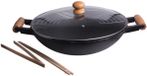 Cast Iron Wokpan set - 5-delig - gietijzer/hout - zwart - 47 x 39 cm