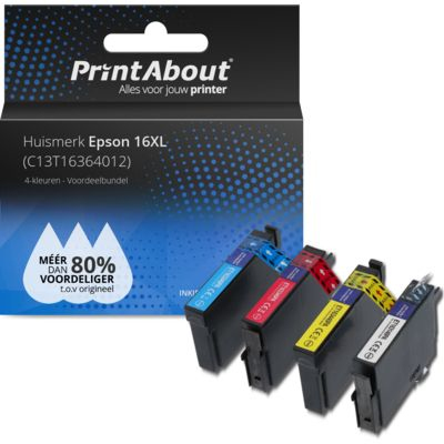 PrintAbout Huismerk Epson 16XL (T1631) Inktcartridge 4-kleuren Voordeelbundel