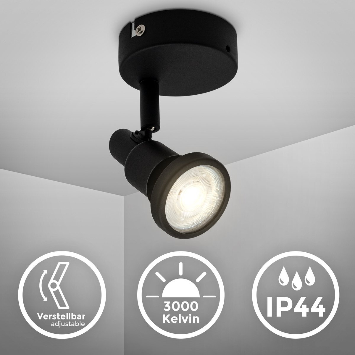 B.K.Licht - Badkamer Plafondspot - opbouwspot draai- en kantelbaar - IP44 badkamerverlichting - incl. 1x 4.8W GU10 - 3.000K