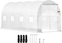 Serre tunnel de jardin, 15 x 6,5 x 7 pi Serre portable avec arceaux en acier galvanisé, 1 poutre supérieure, 2 x poteaux diagonaux, 2 portes zippées et 8 fenêtres enroulables, Blanc