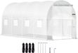 Serre tunnel de jardin, 15 x 6,5 x 7 pi Serre portable avec arceaux en acier galvanisé, 1 poutre supérieure, 2 x poteaux diagonaux, 2 portes zippées et 8 fenêtres enroulables, Blanc