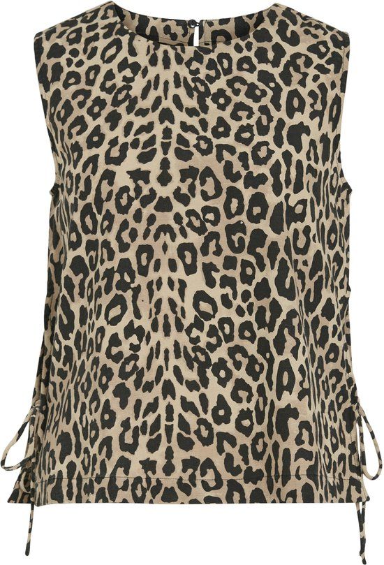 VILA VIPRISILLA PRI O-NECK S/L TIE TOP/VOL/R Dames Blouse 40 Viscose Katoen Linnen Korte Mouwloze Ronde Hals Casual Print Beige