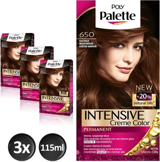 Poly Schwarzkopf Palette 650 Kastanje Middenbruin Haarverf - 3 stuks - intensieve, natuurlijke kleuren met 100% grijsdekking