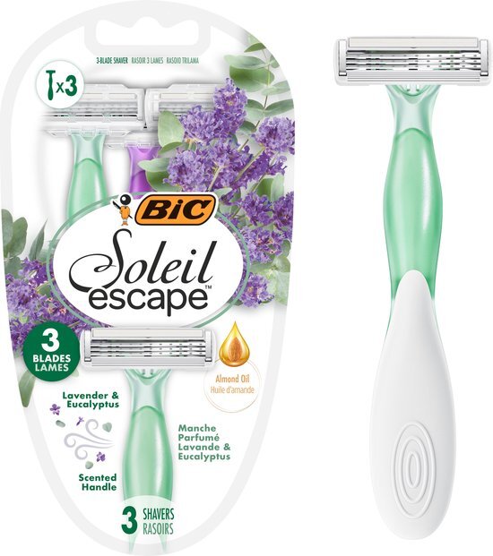 BIC Soleil Escape Scheermes- Geur Lavendel en Eucalyptus - Geparfumeerde greep - Verpakking van 3 wegwerpscheermesjes - 3 mesjes