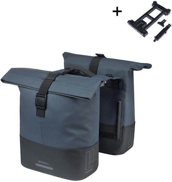 Basil Cove Dubbele fietstas 28-32 liter - Incl. MIK adapterplaat - Waterafstotend - Reflectie details - Gerecycled materiaal - blauw/zwart