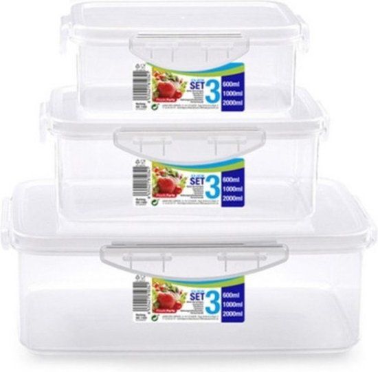 PLASTICFORTE Set of 3 Food Storage Containers with Click Lids - 600+1000+2000 ml - Transparent