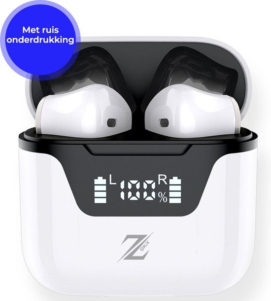 Zorix AirBudz X3 - Draadloze Oordopjes - Bluetooth Oordopjes met Geluidsonderdrukking - Sport Oordopjes - Zweetbestendig - Met LED-display en lange accuduur - Licht en compact - Ergonomisch en Touch-control - Wit