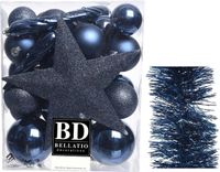 Decoris Kerstversiering kunststof kerstballen - 5-6-8 cm - ster piek - folieslingers - donkerblauw - 35x stuks