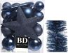 Decoris Kerstversiering kunststof kerstballen - 5-6-8 cm - ster piek - folieslingers - donkerblauw - 35x stuks