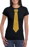 Bellatio Decorations Shoppartners Bv Zwart fun verkleed t-shirt - met stropdas - in glitter goud - dames - korte mouwen S