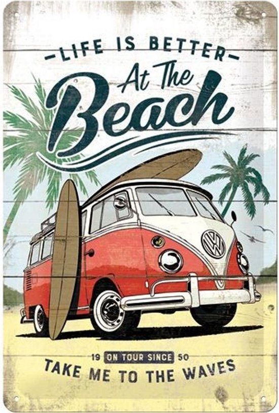 Merkloos Nostalgic Art Wandbord - VW Life is better at the Beach - 20x30 cm - multi