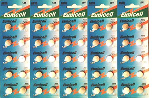 EUNICELL 50 x AG10 1.5V Alkaline Knop Batterijen SR1130, SR54, SR1131, 389, 390