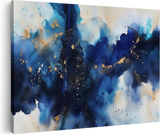 Artaza Canvas Schilderij Abstract Kunstwerk Blauw en Goud 120x80cm