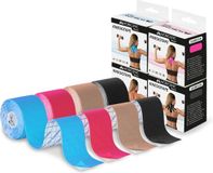 Mobiclinic Mobitape - Pak van 4 Kinesiotape - Neuromusculair Kleefverband - Spierpijnbestrijding - Elastisch - Waterdicht - Kinesiologie Bandage - Geschikt voor Meerdere Zones - Rol - 5x5cm - Blauw, Zwart, Roze en Bruin