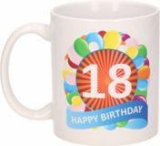 Bellatio Decorations 18 jaar Verjaardag koffiemok - cadeau beker - feestelijke ballonnen print - 300 ml - keramiek - wit