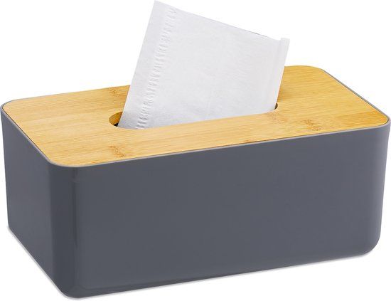 Tissue Box Modern - Bamboo Lid - 10x23x13 cm - Plastic - Grey-Natural