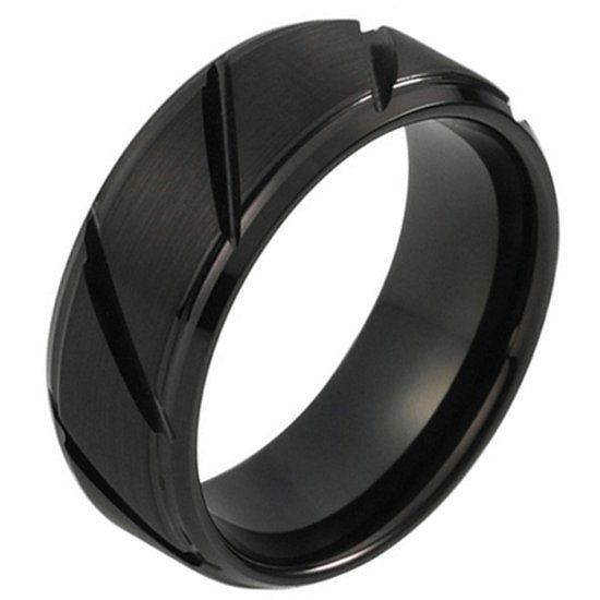 Mendes Steel Wolfraam heren ring diagonale Groeven Zwart 8mm-19mm