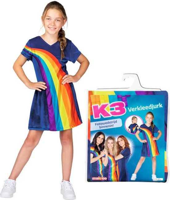 Studio 100 K3 Verkleedkleding Jurk Regenboog Blauw 9/11 jaar - Maat 152