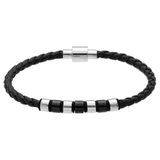 Lucardi - Heren Stainless steel herenarmband gevlochten leer zwart - Armband - Staal - Zwart - 20 cm