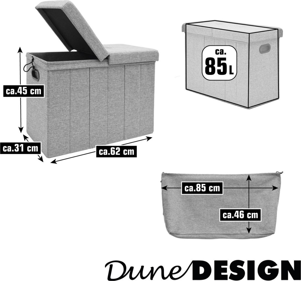 DuneDesign 85 L Wasmand met Bankje - 62x31 Smalle Wasmand met Deksel & Waszak - Opvouwbaar