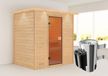 Woodfeeling Sauna Selena (met voorinloop), entièrement porte en verre, couleur bronze, poêle 3,6 kW, commande intégrée