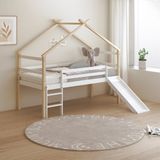 Sunny River Halfhoogslaper – Met Glijbaan – Met Uitvalbeveiliging en rechte ladder - Bedhuisje – 213 x 97 x 183 cm – Peuterbed Meisjes en Jongens – FSC 100% Hout – Huisbed 90x200 - Met Lattenbodem – Kinderbed - Exclusief Matras – Naturel/wit