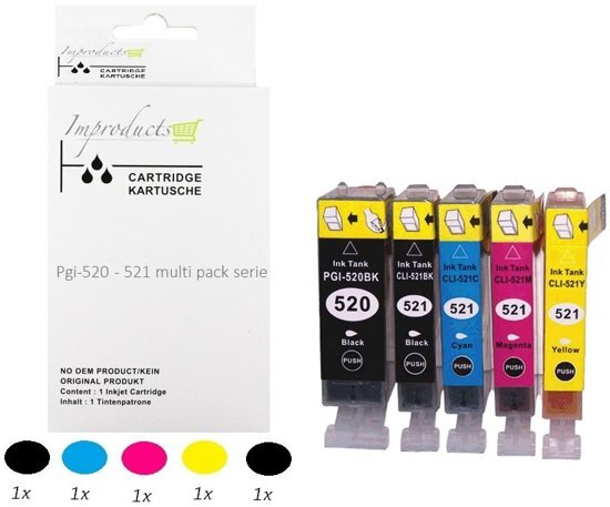 Improducts Â® Huismerk Inktcartridge Alternatief Canon PGI-520 / CLI-521 XL inktcartridge multipack van 5 stuks (1x Canon PGI-520 PGBK zwart, 1x Canon CLI521 BK zwart, 1x Canon CLI521 cyaan, 1x Canon CLI-521 M magenta, 1x Canon CLI-521 Y geel met Chip