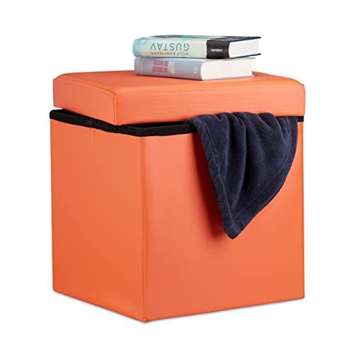 Relaxdays Design klapkruk UMD in oranje - 38 x 38 x 38 cm met opbergruimte en deksel