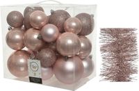 Decoris Kerstballen set kunststof 28 stuks lichtroze mix maten mat glans glitter folieslingers